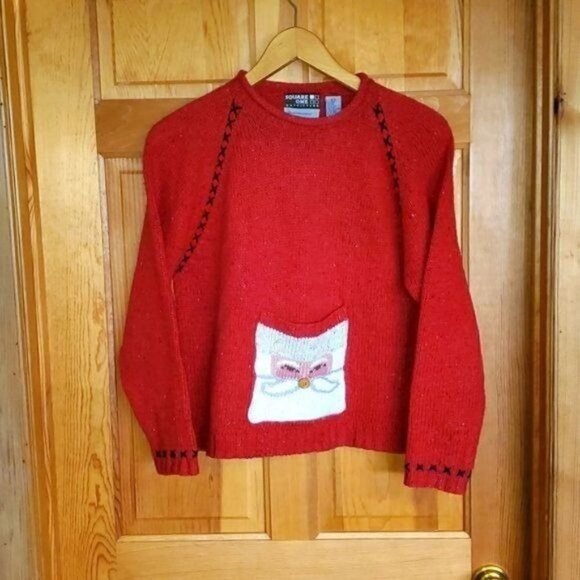 Square One Outfitters Wool Hand Embroidered Accents & Santa Sz M  Sweater Pocket - Picture 1 of 10